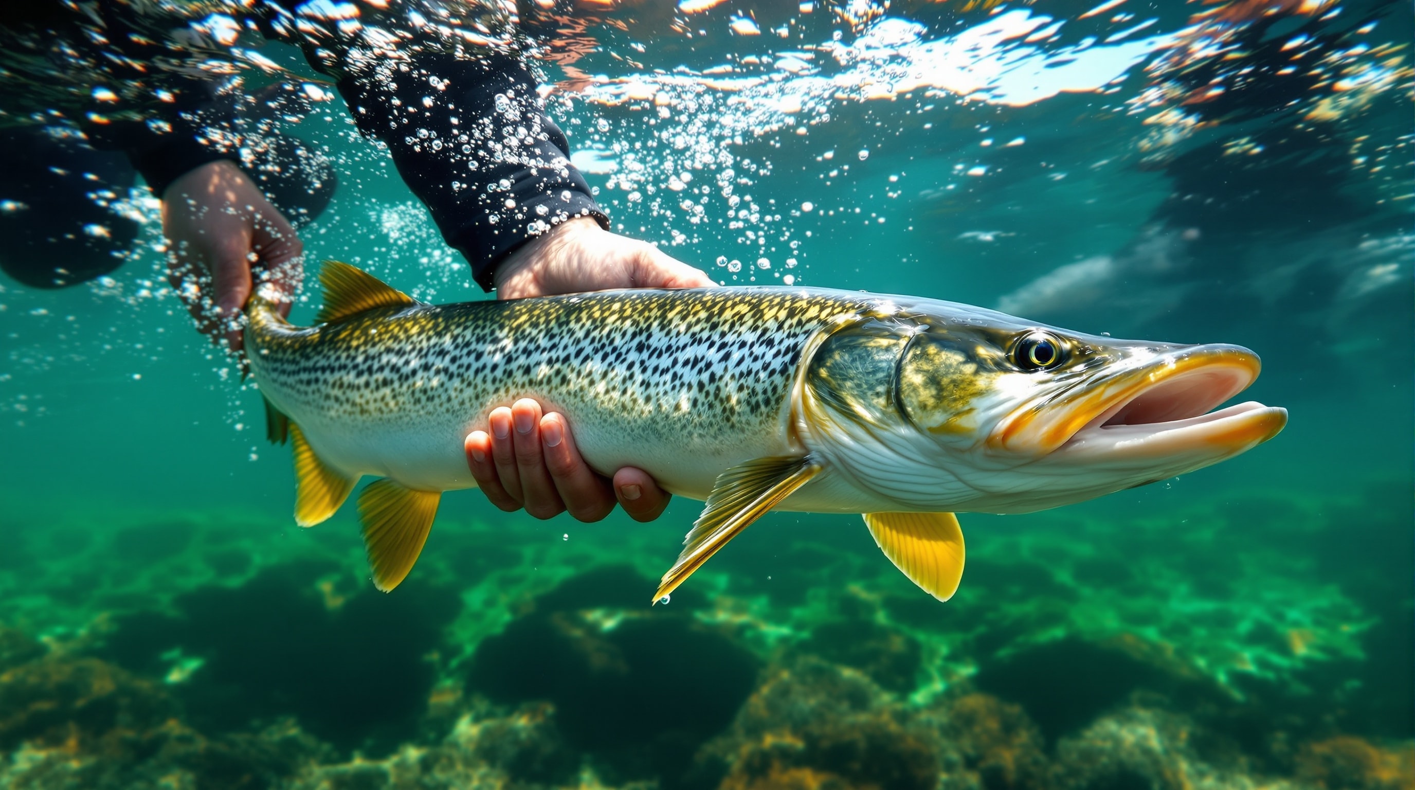 A northern pike being released underwater into a clear boreal lake