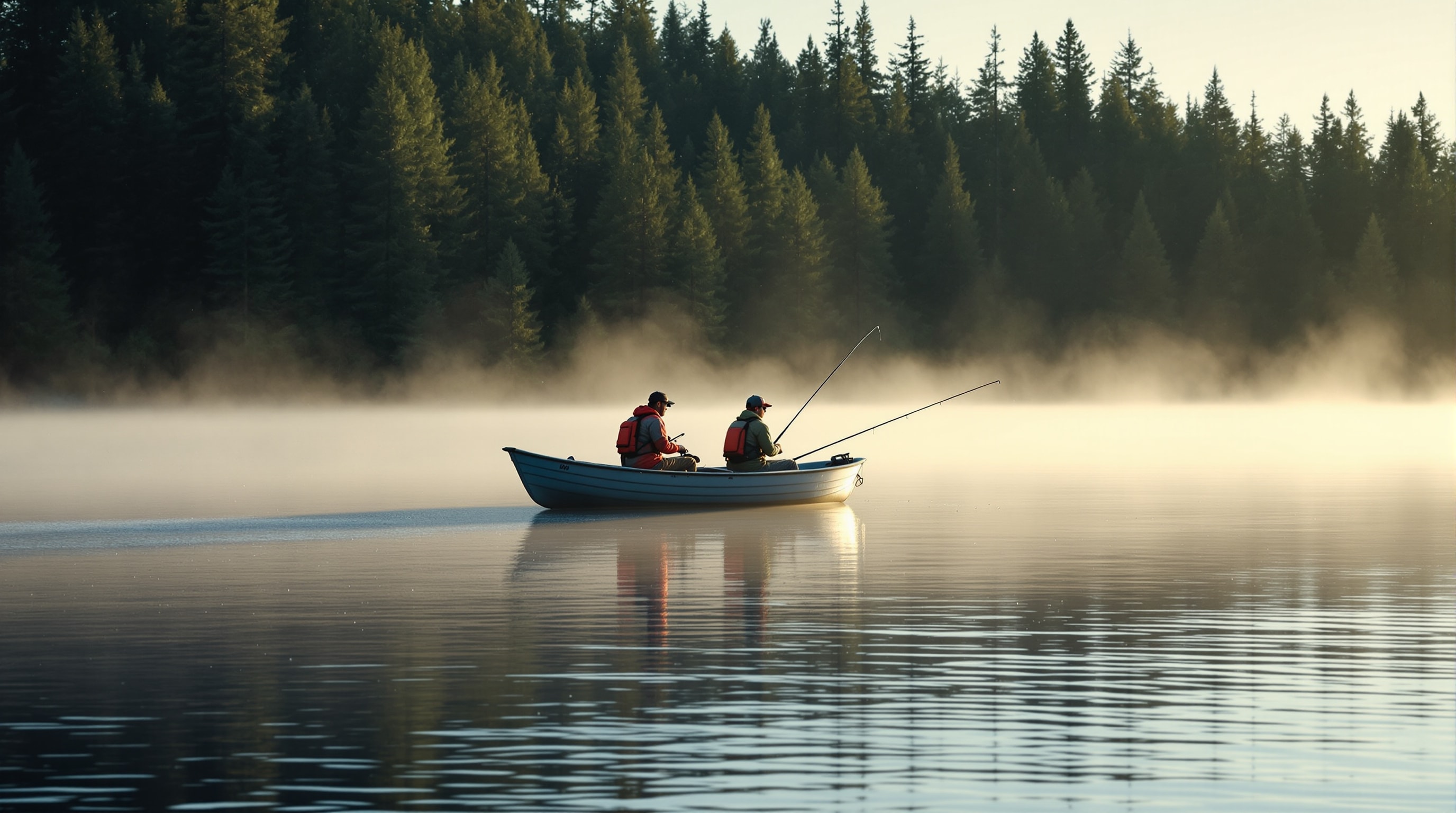 Anglers casting from an aluminum boat at dawn on a remote boreal lake