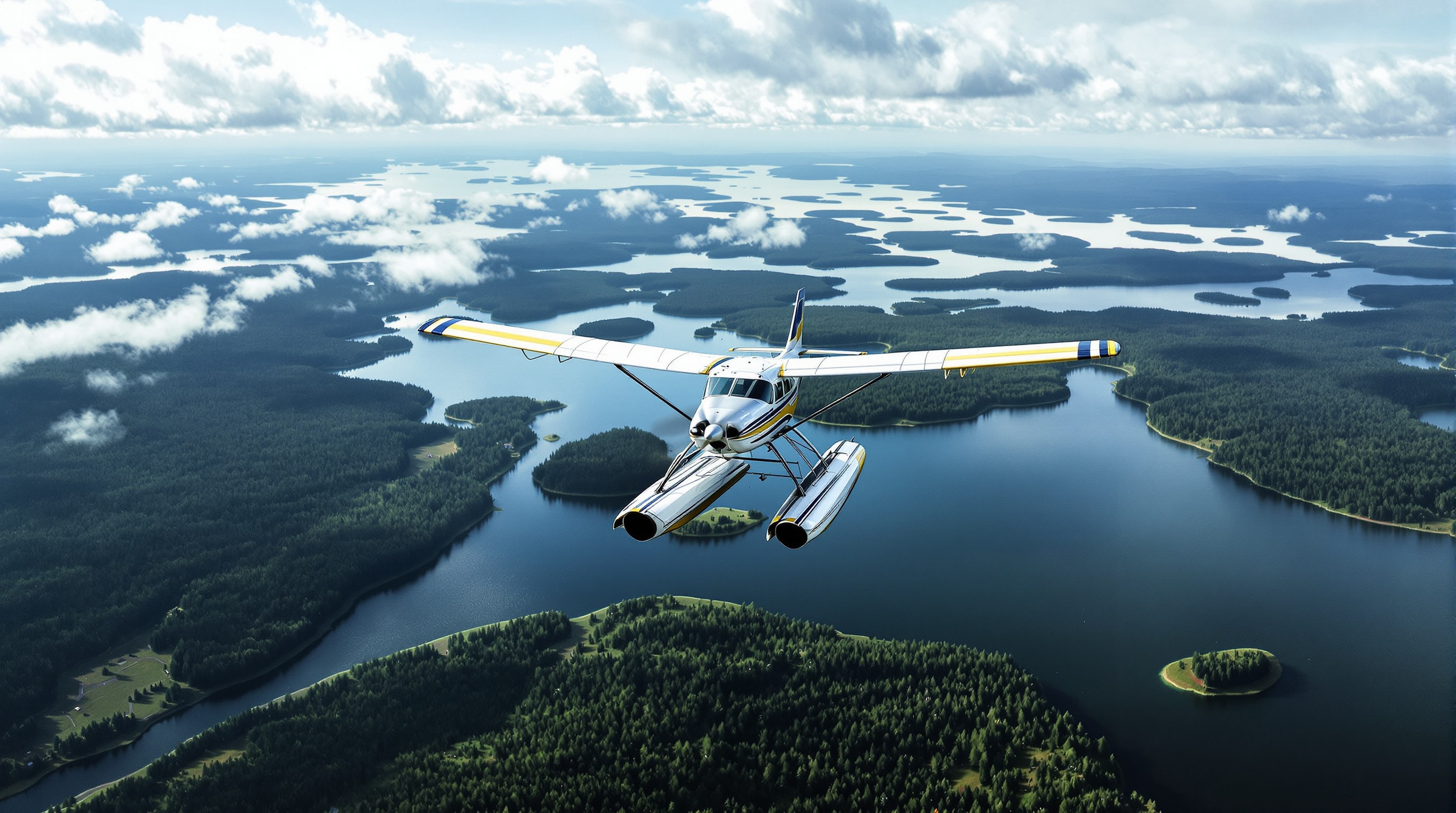 A single-engine floatplane flying low over a wilderness of lakes and boreal forest