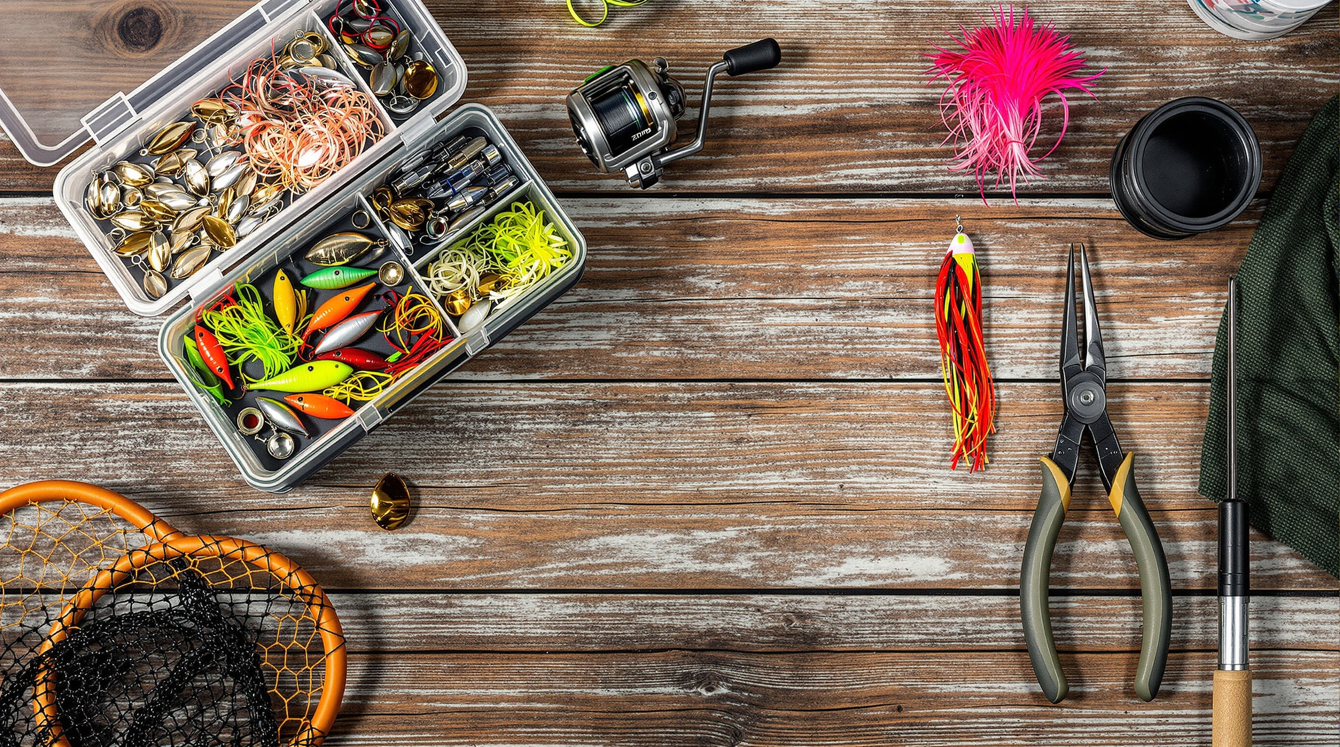 Flat-lay of fishing tackle including jigs, spoons and spinners on a wooden surface