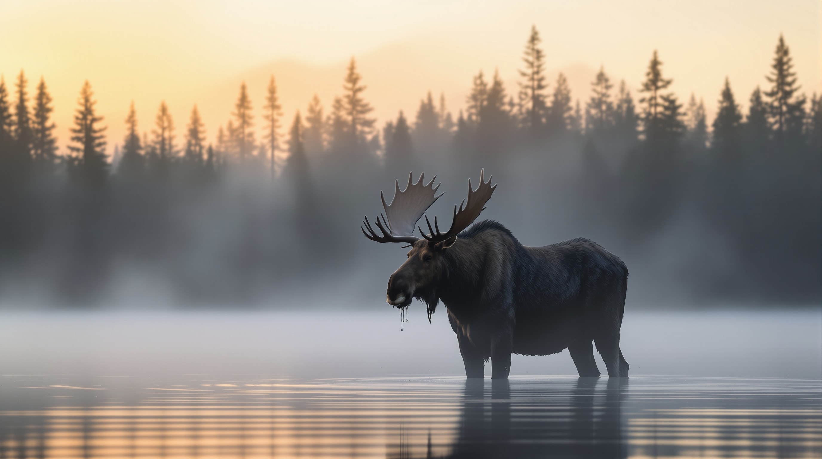 A bull moose standing in a misty boreal bay at dawn