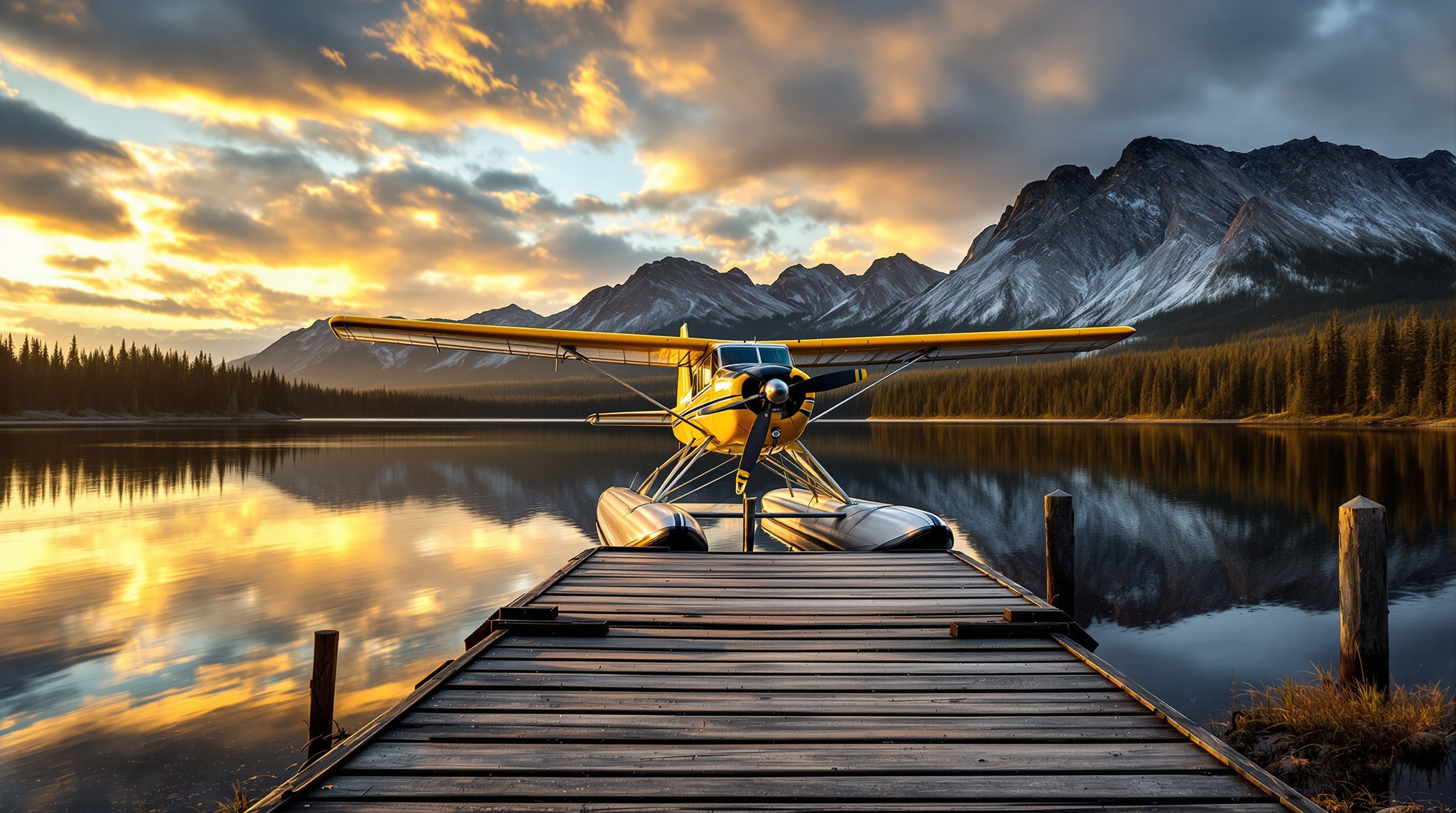Bush floatplane moored at a wooden dock on a remote Northwest Ontario lake at sunset