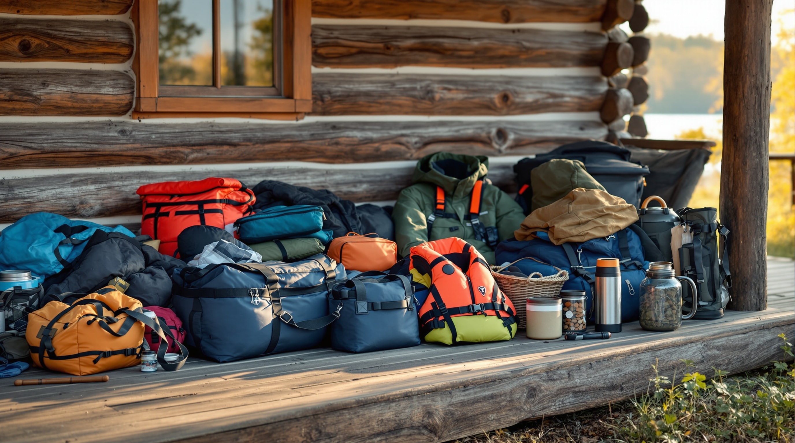 Organized fishing trip gear and duffel bags laid out on a cabin porch by a lake