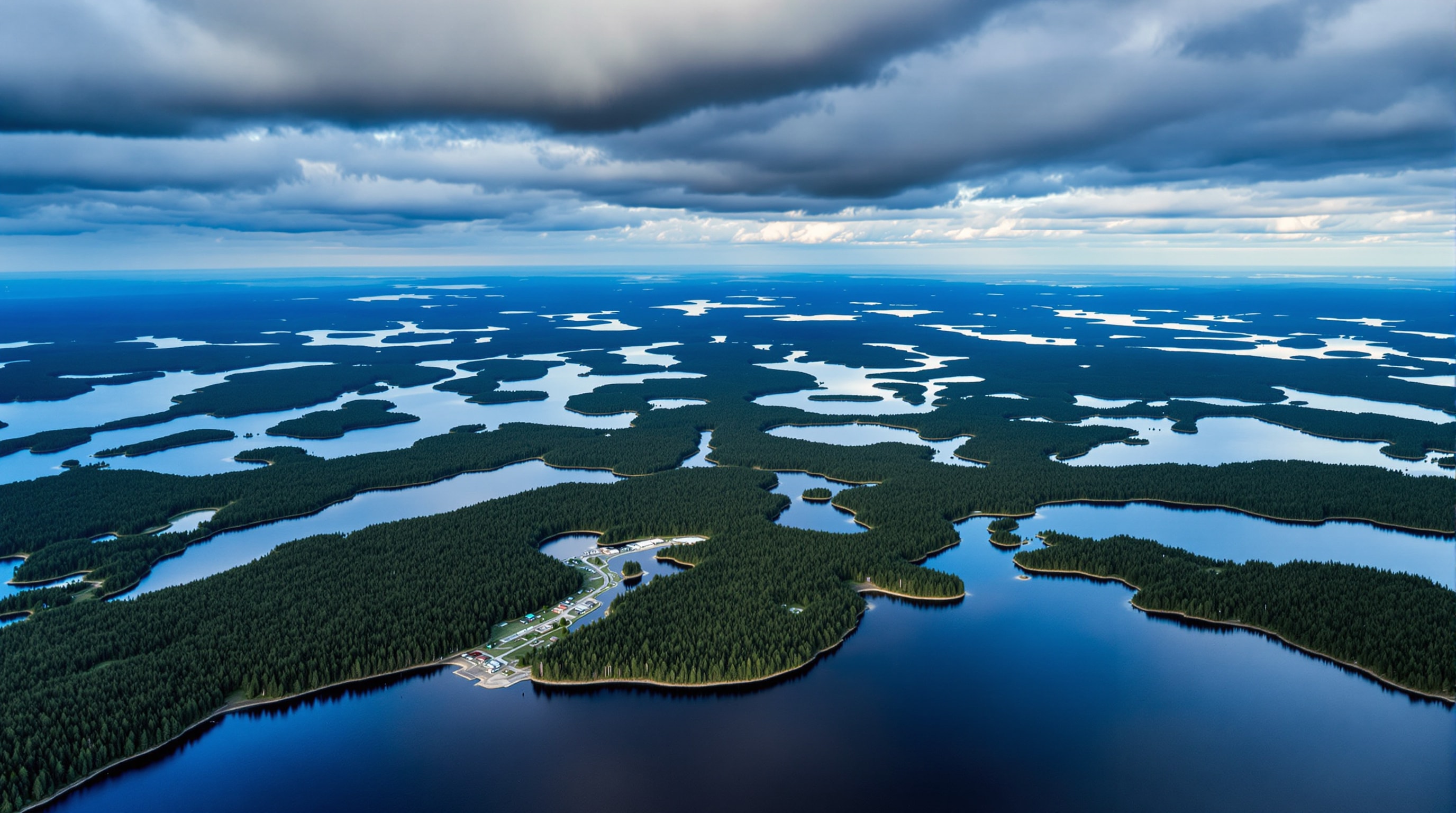 Aerial view of countless lakes and boreal forest across the Northwest Ontario shield
