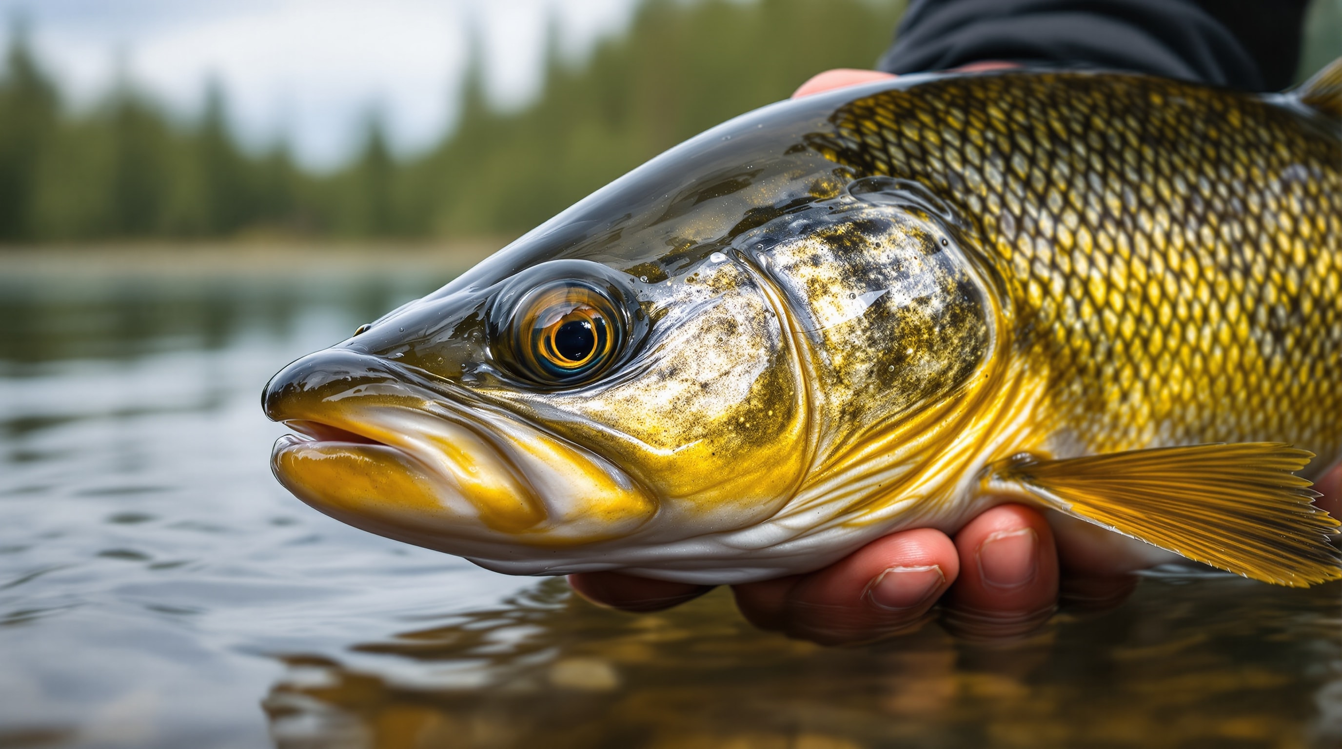 A large walleye held above clear lake water before release