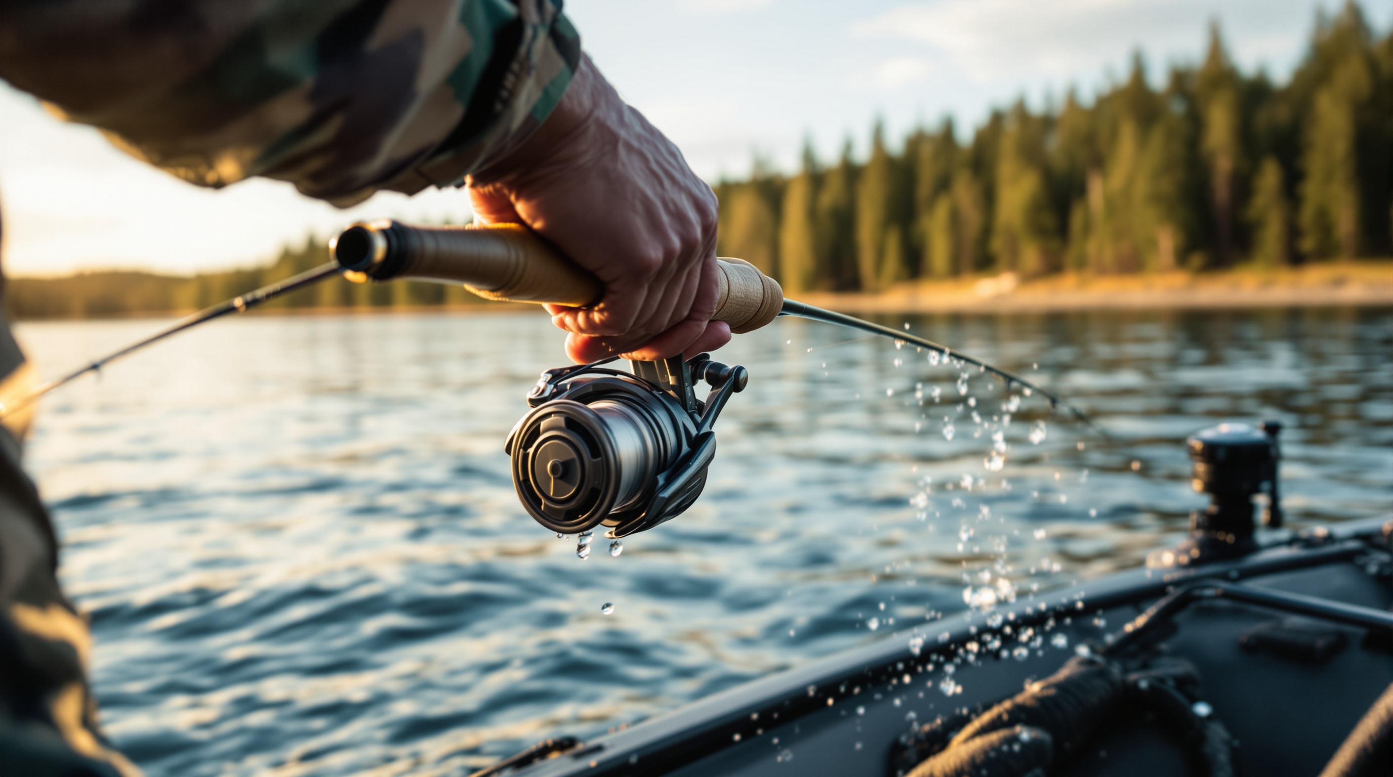 Angler jigging a rod over the side of a boat on a northern lake